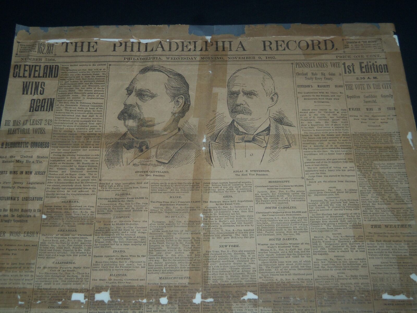 1892 NOVEMBER 9 PHILADELPHIA RECORD NEWSPAPER - CLEVELAND WINS AGAIN - NT 7383