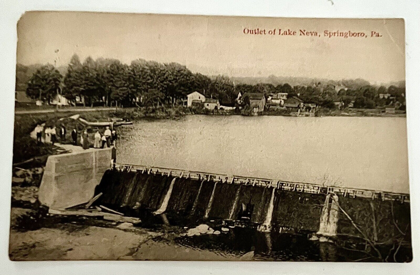 Postcard Antique 1916 Outlet of Lake Neva, SPRINGBORO, PA Rare Photo RPPC People