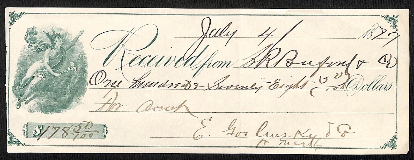 Virginia City Montana S.R. Buford / 1879 $178.50 Payment Receipt