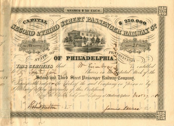 Second and Third Street Passenger Railway Co. - Stock Certificate - Railroad Sto