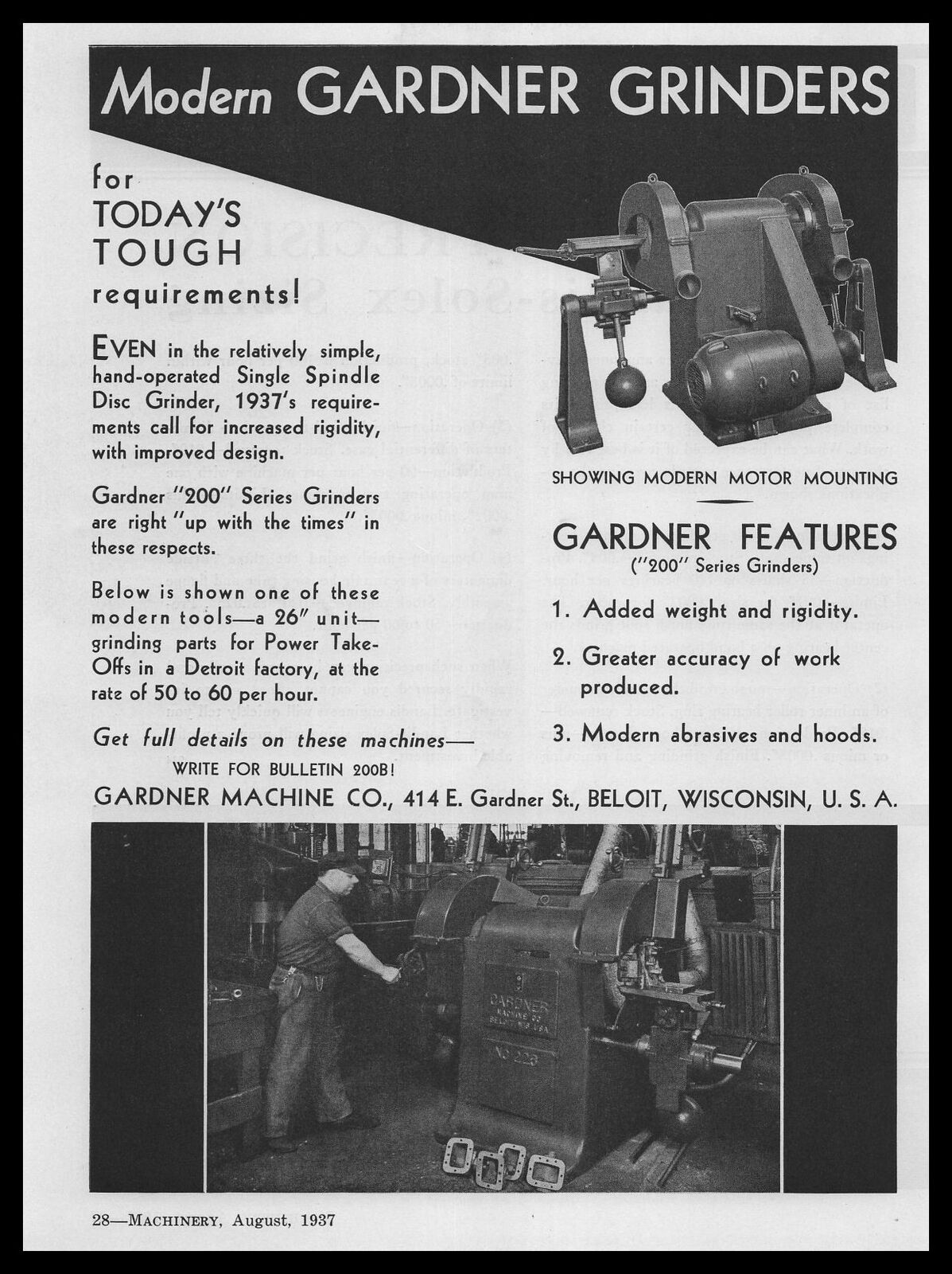 1937 Gardner Machine Co. Beloit Wisconsin Single Spindle Disc Grinders Print Ad