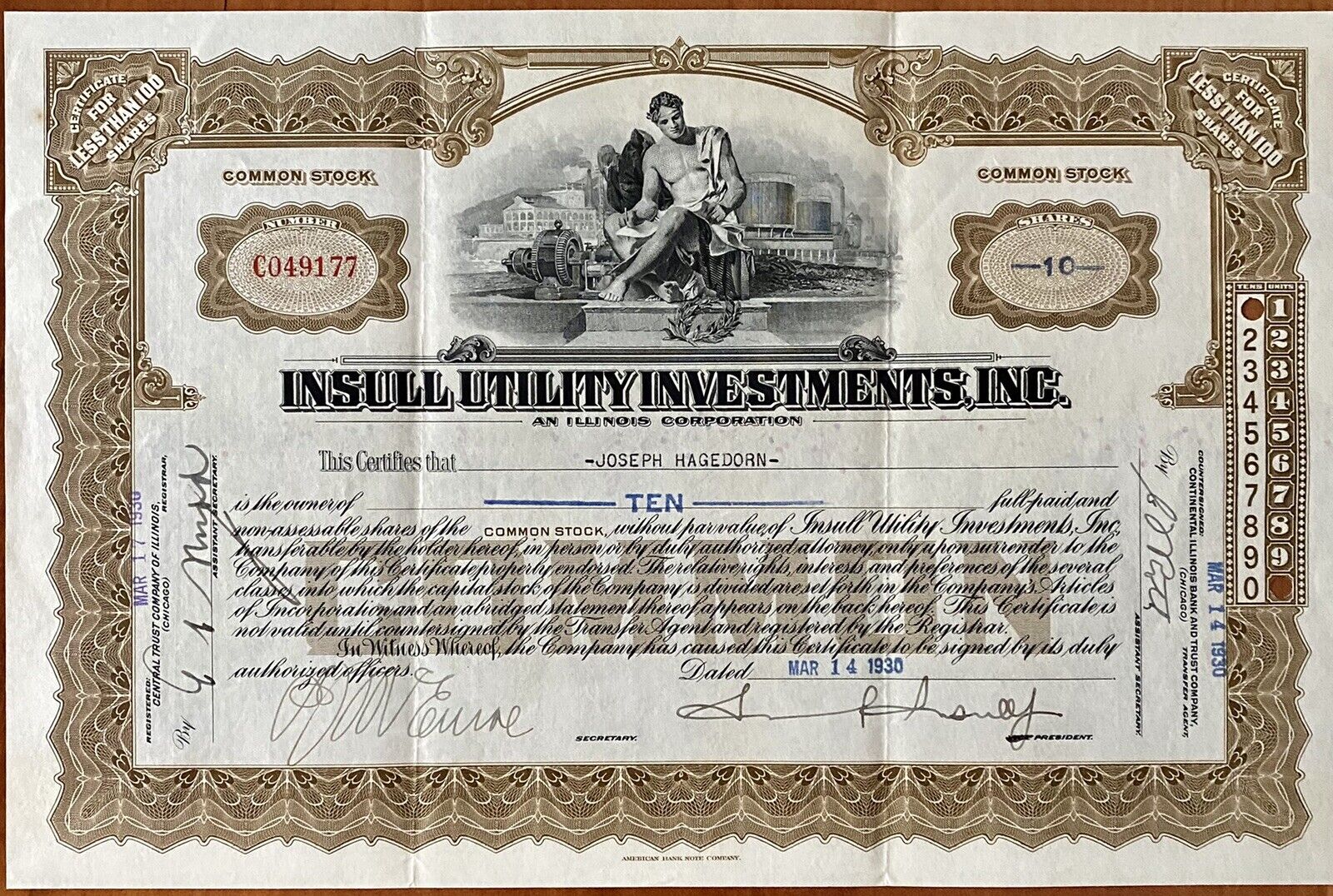 Samuel Insull Jr. Insull Utility Investments Inc. 1930 Stock Certificate 