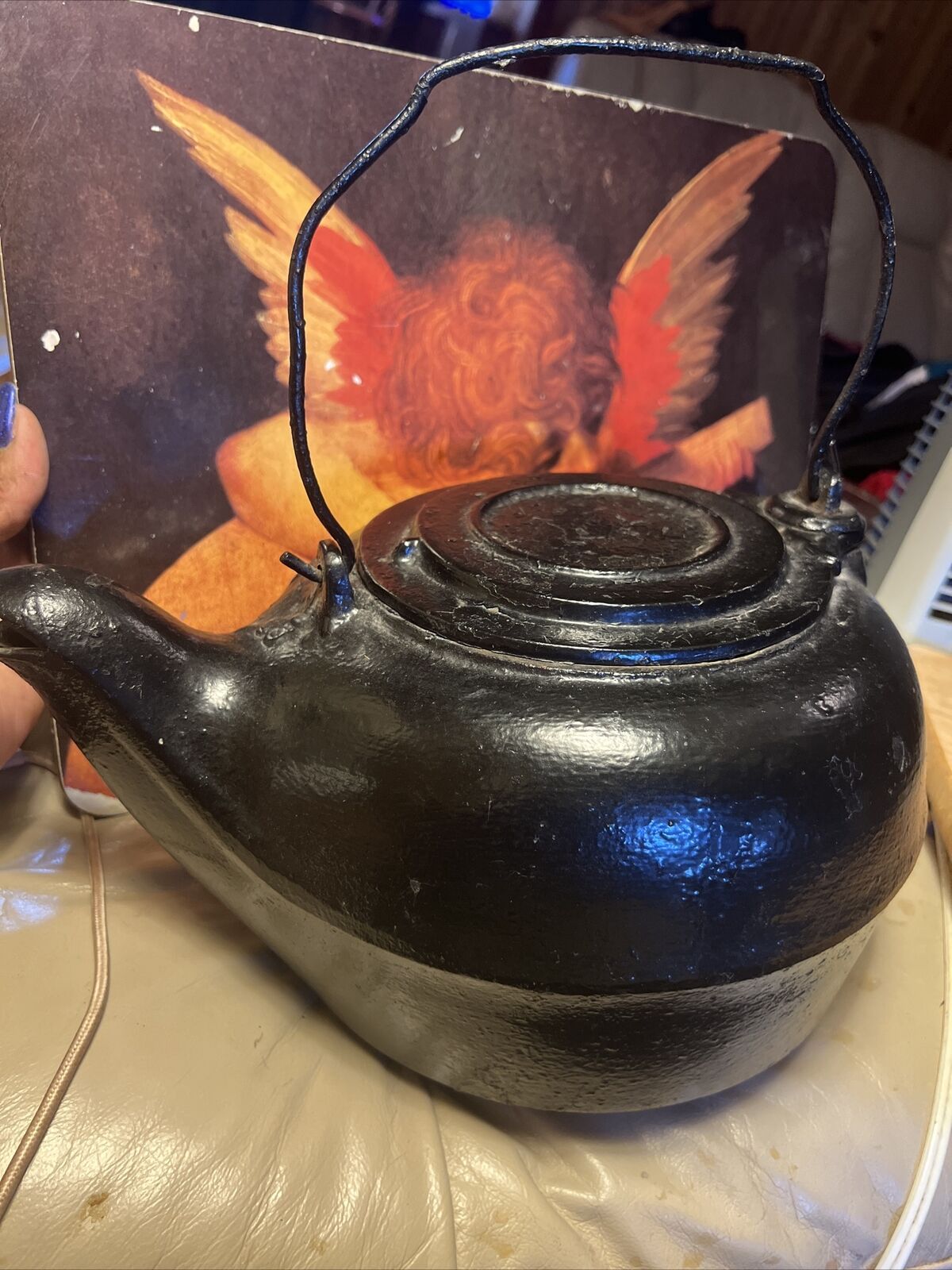 Antique Cast Iron Erie Number 8  Heavy Black Tea Pot Kettle