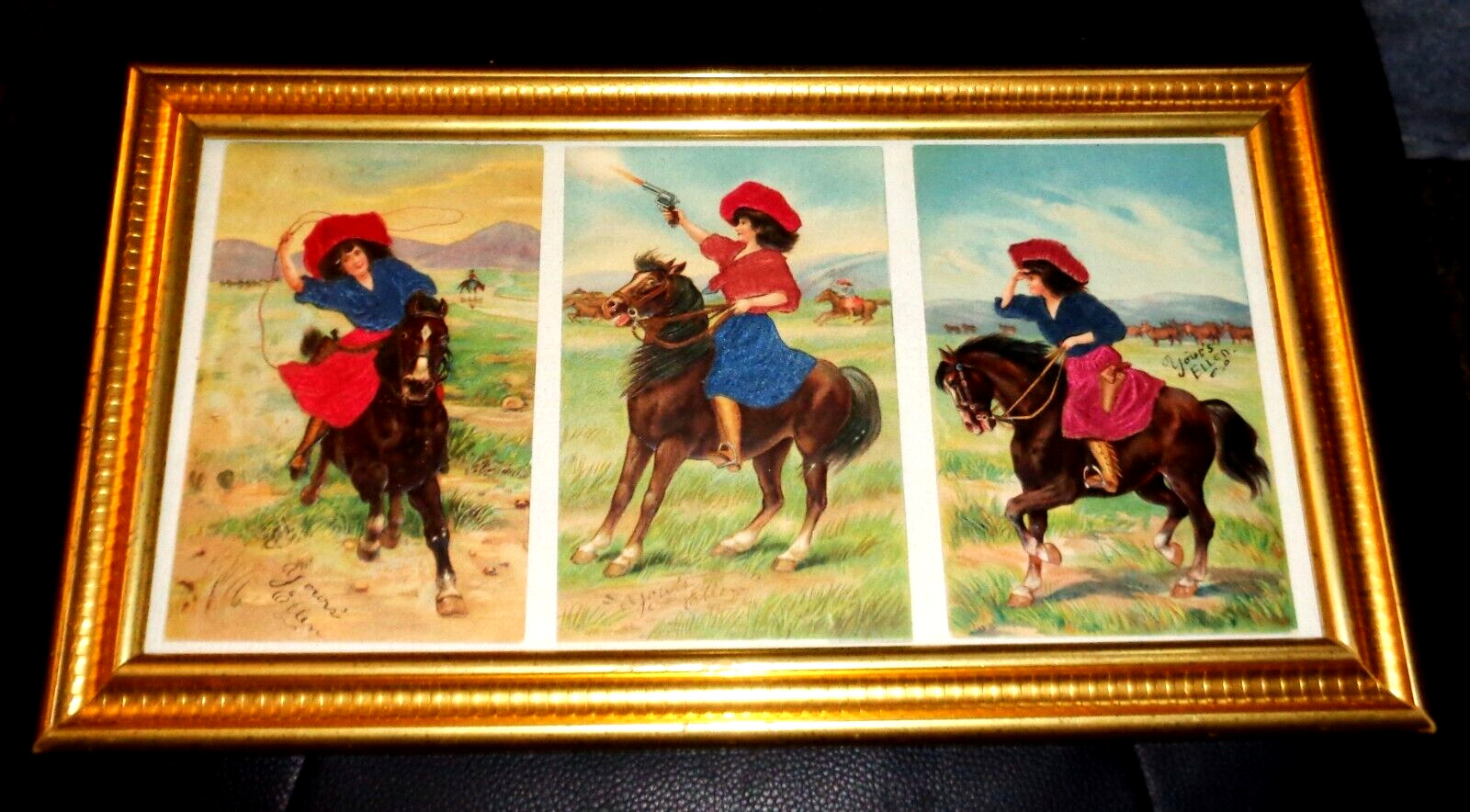 XRARE VINTAGE COWGIRLS 1908 SET POSTCARDS IN FRAME-ONE CENT STAMPS-HANDPAINTED