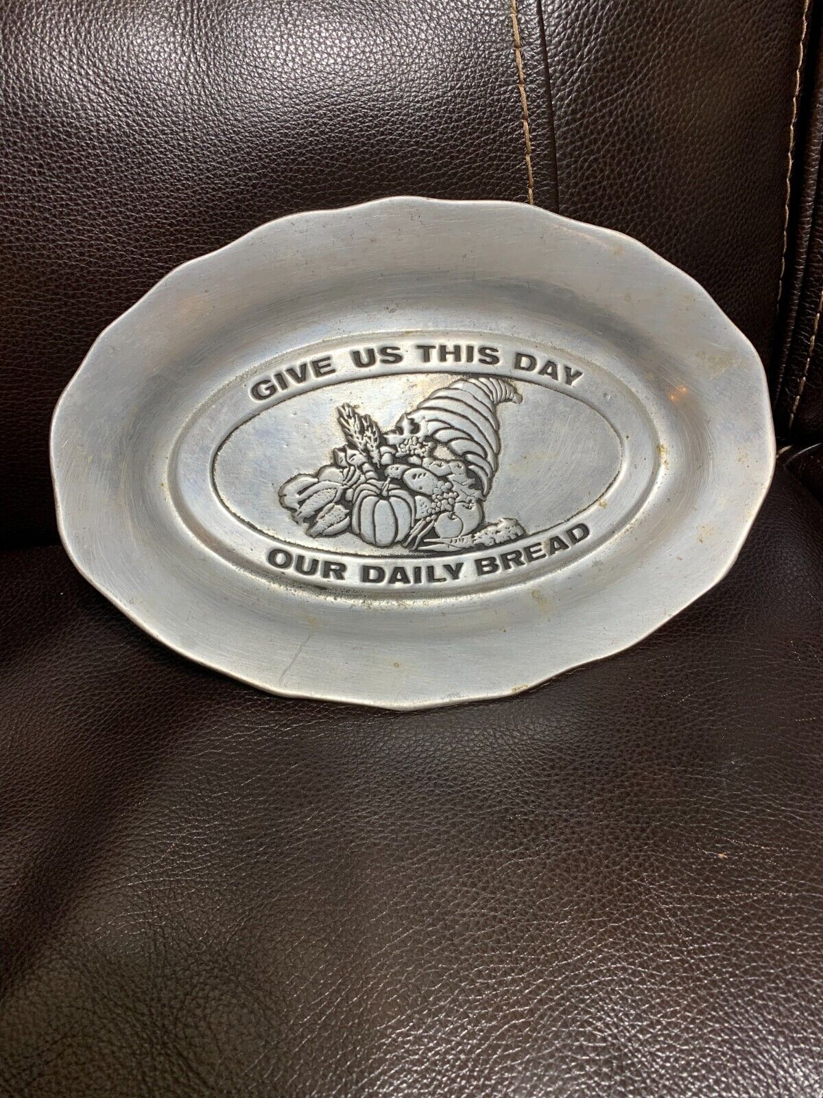 “Give Us This Day Our Daily Bread” Vintage Pewter bread platter w Horn of Plenty