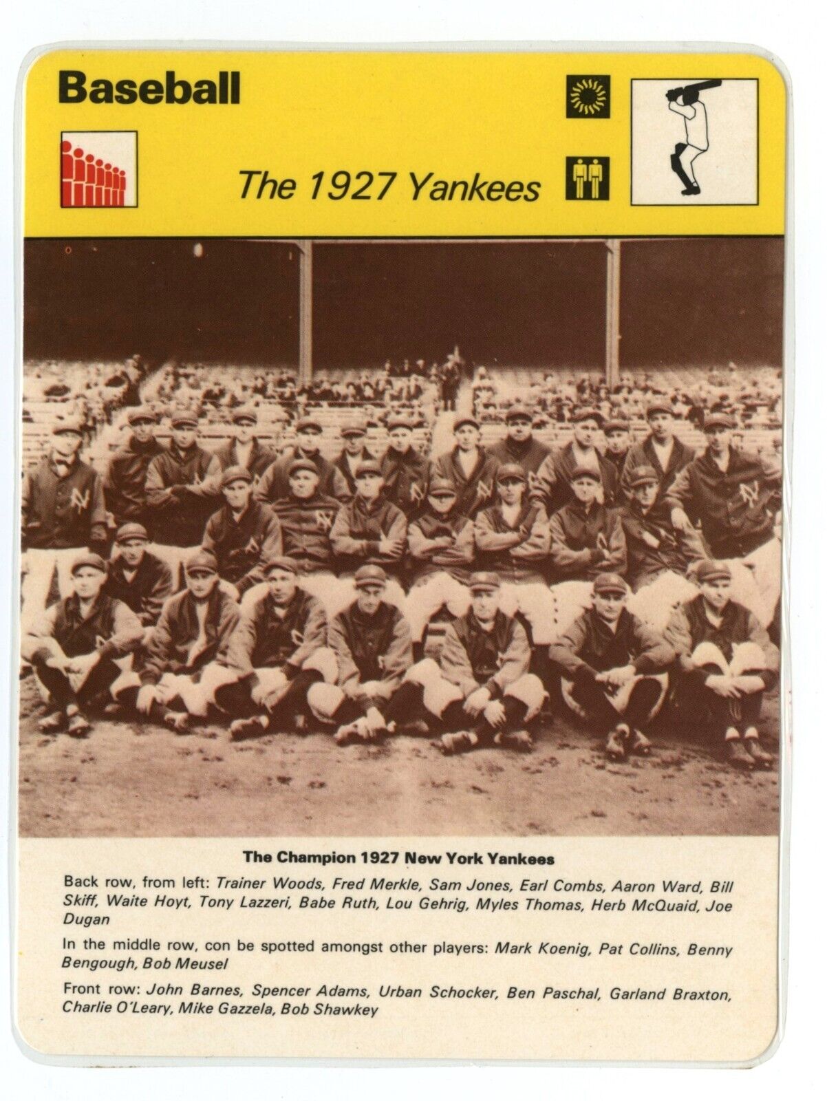 1927 Yankees - Baseball   Sportscasters Card- LAMINATED 