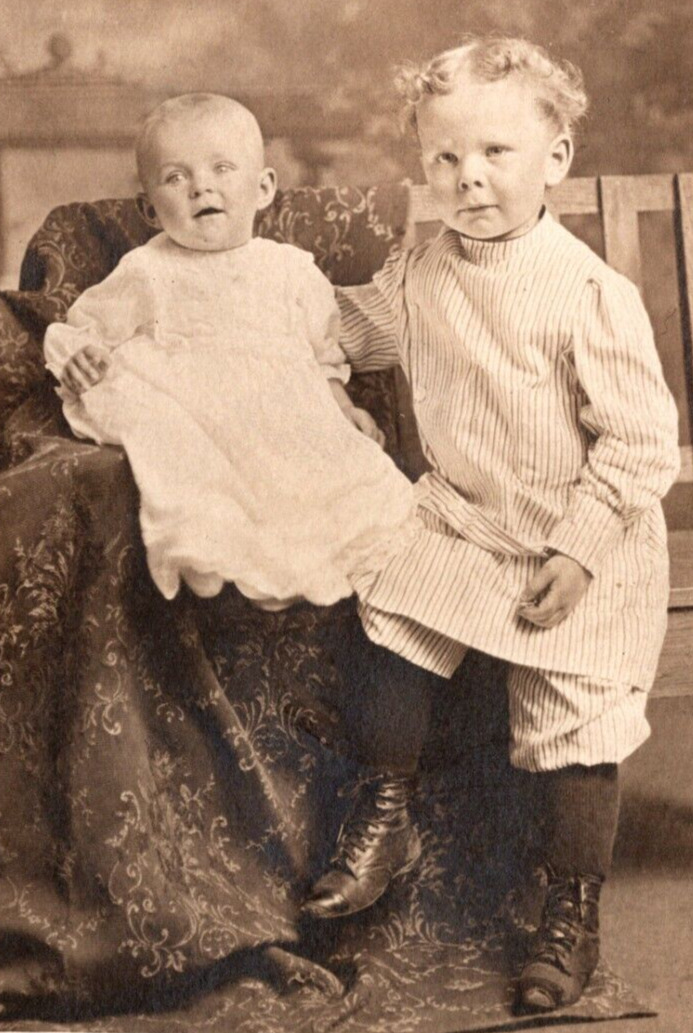 RPPC Young Child w/ Curly Hair Poses w/ Baby Sibling ADORABLE VINTAGE Postcard
