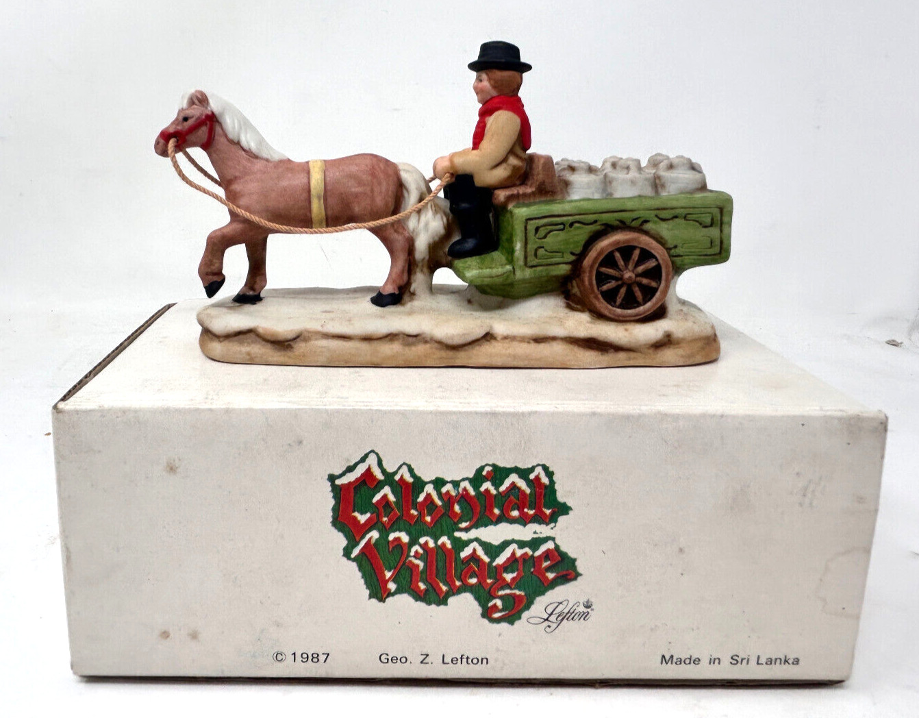 Vintage Lefton Colonial Village 1987 Horse Drawn Milk Wagon Figurine #06461