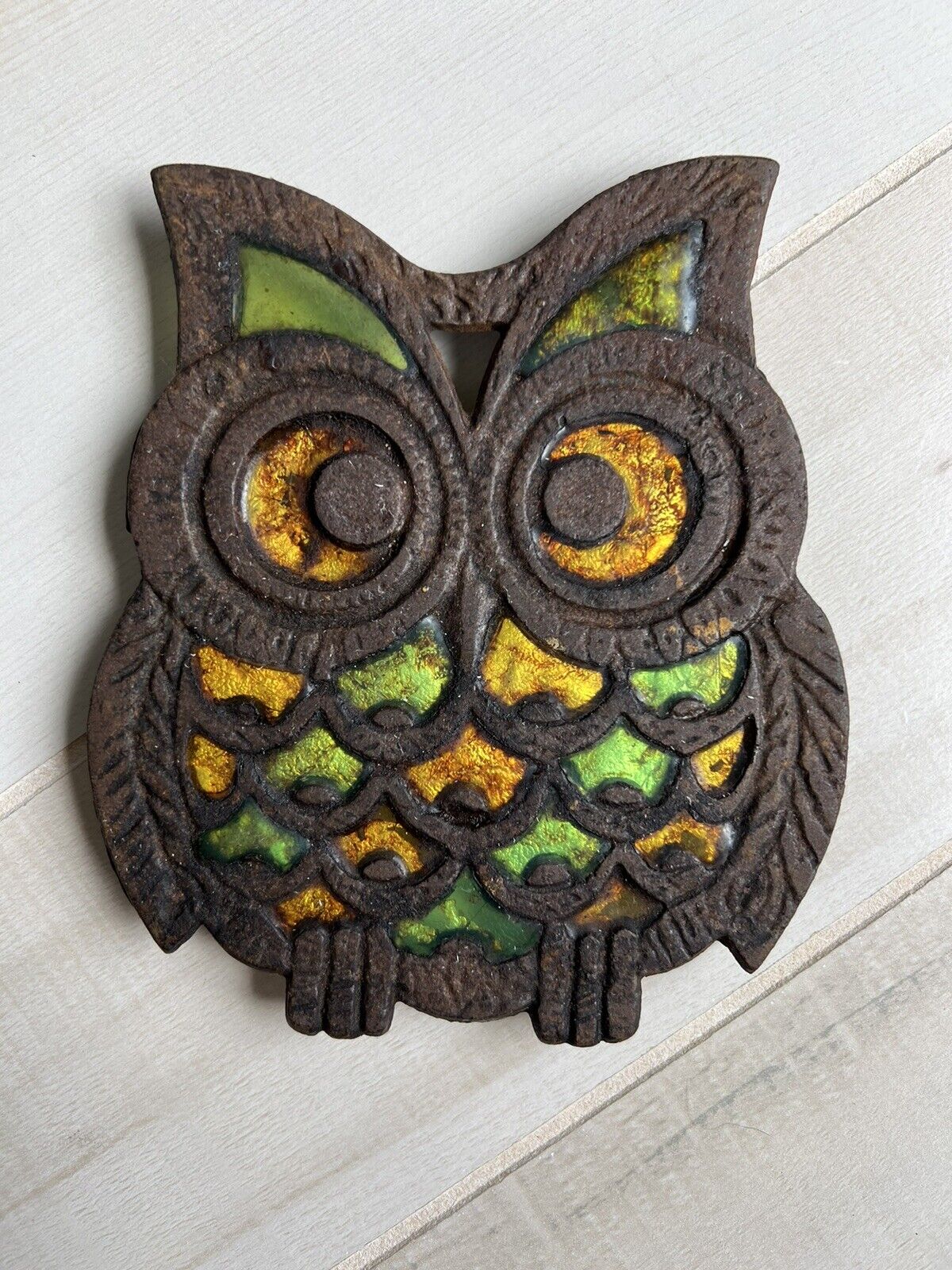 Vintage Retro Cast Iron Owl Footed Trivet green Stained Glass Gold
