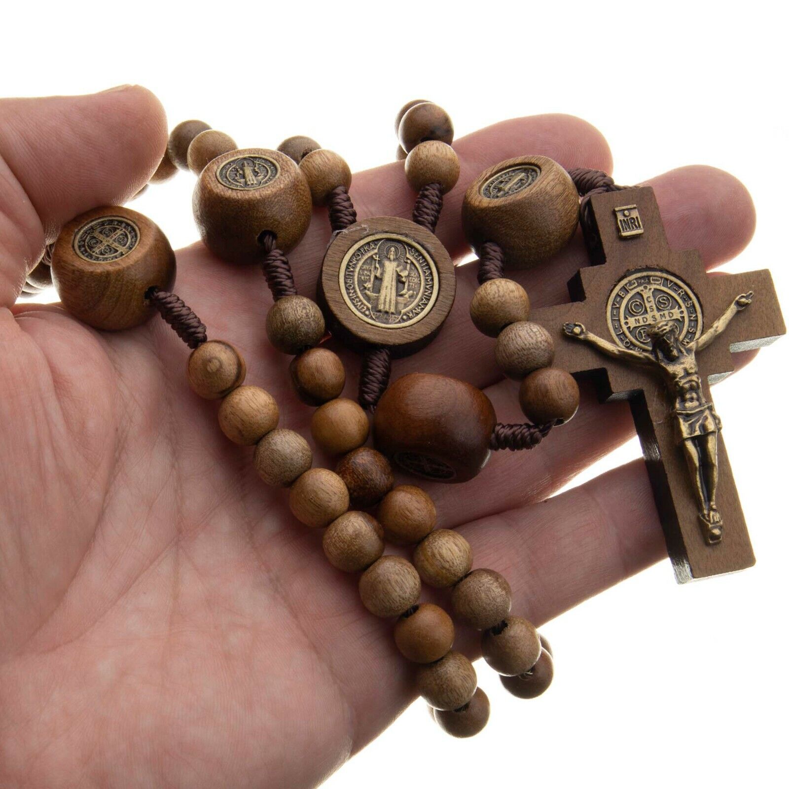 Large St Benedict Rosary Catholic Intercession Beads Brown Wood Cord Men Women