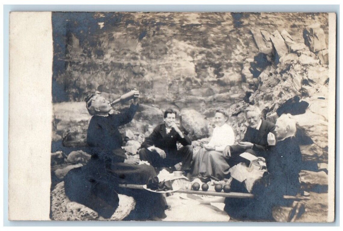 c1910's Candid Picnic Old Woman Drinking Alcohol Men RPPC Photo Postcard