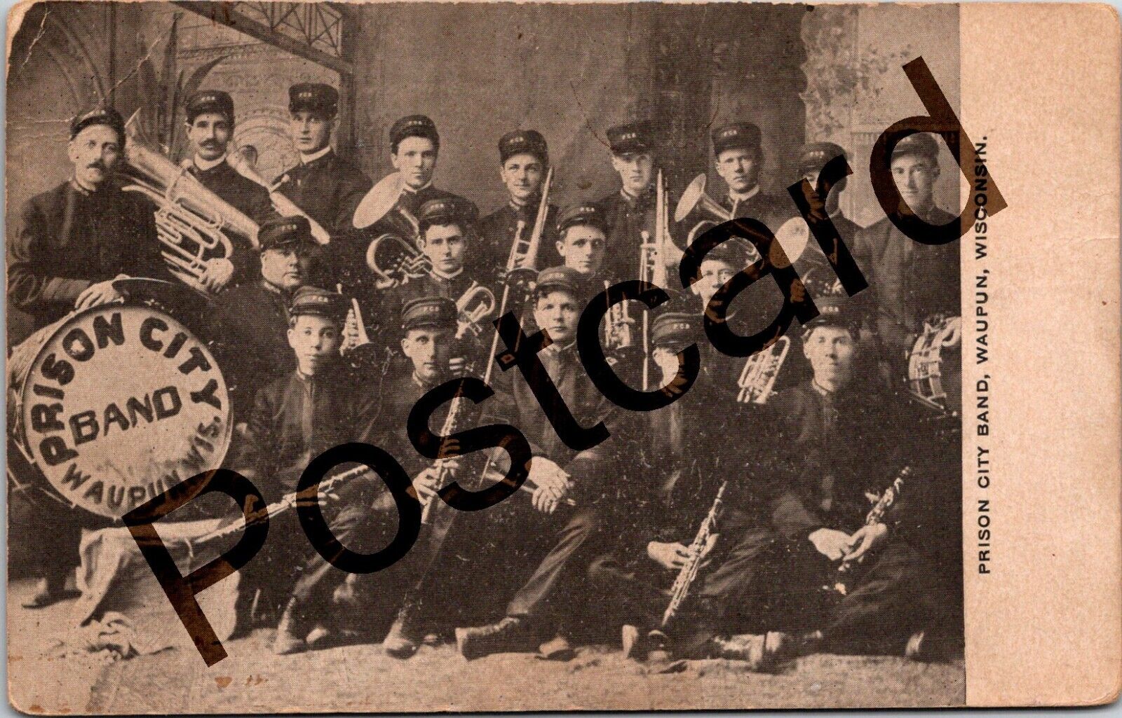 1909 WAUPUN WISCONSIN, Prison City Band, 18 men, postcard jj307