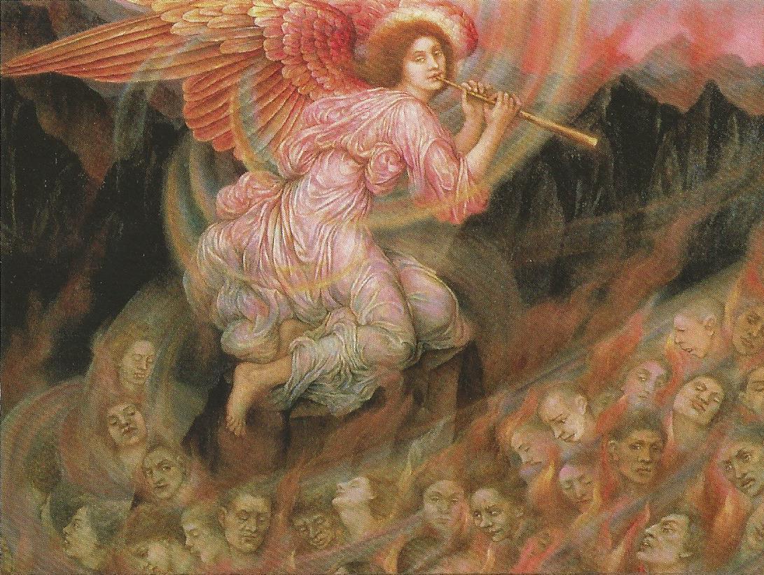 Postcard Evelyn De Morgan Angel Piping Souls in Hell c1916 MINT Unused