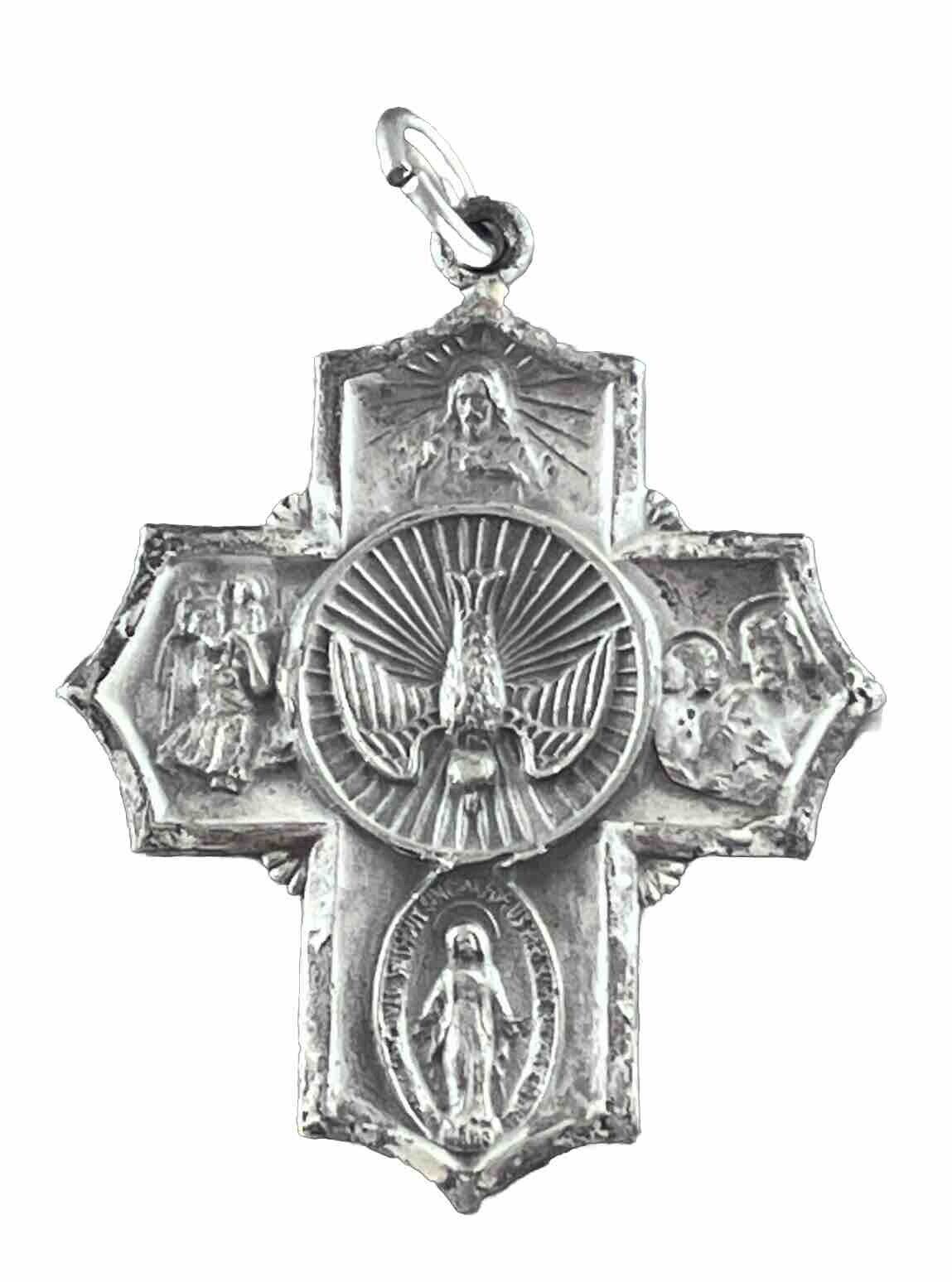 Vintage Catholic 5 Way Cross Silver Tone Religious Medal