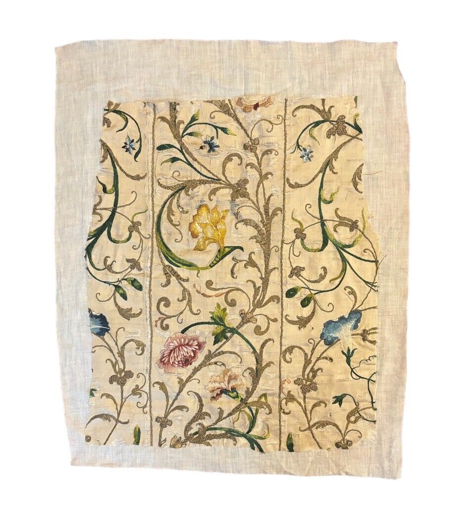 Beautiful Rare 18th Cent French Silk Embroidered Fabric 1640
