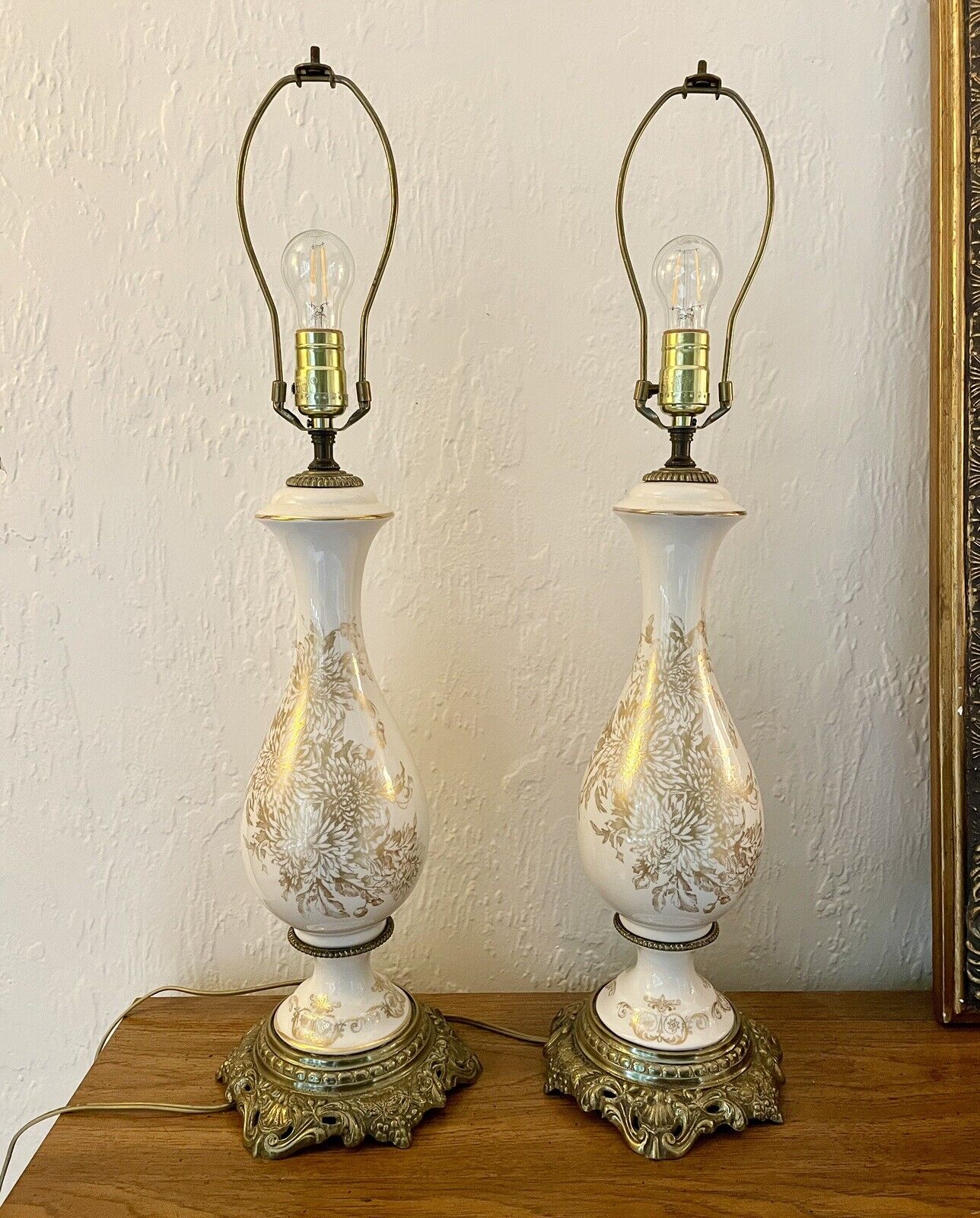 Pair Of Vintage Paul Hanson Porcelain And Brass Lamps With Gold Floral Detail