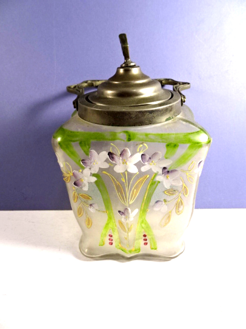 Antique Hand-Painted Glass BISCUIT CRACKER JAR w/Lid and Handle