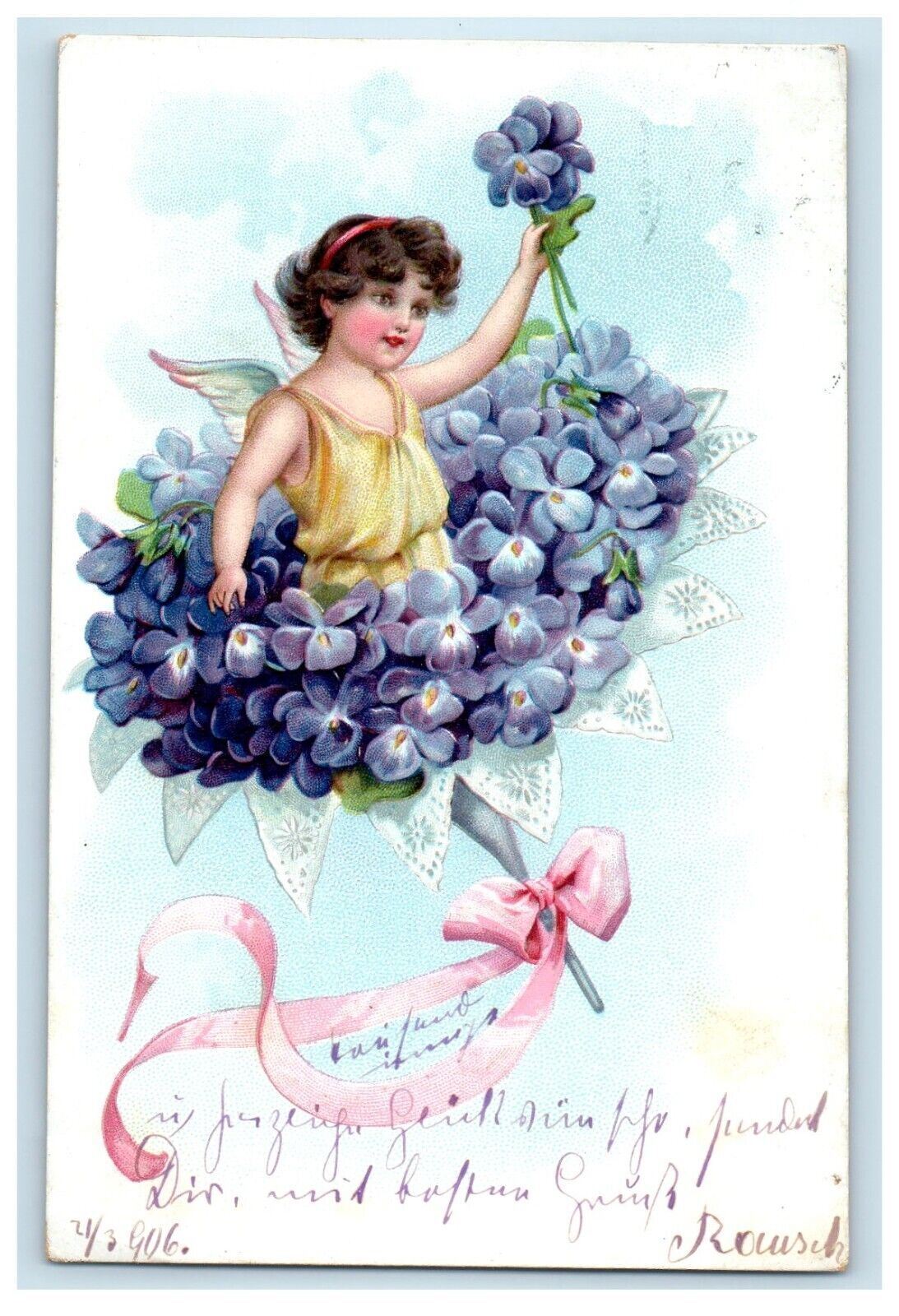 c1910's Girl Cherub Angel Floating Pansies Flowers Bouquet Pink Ribbon Postcard