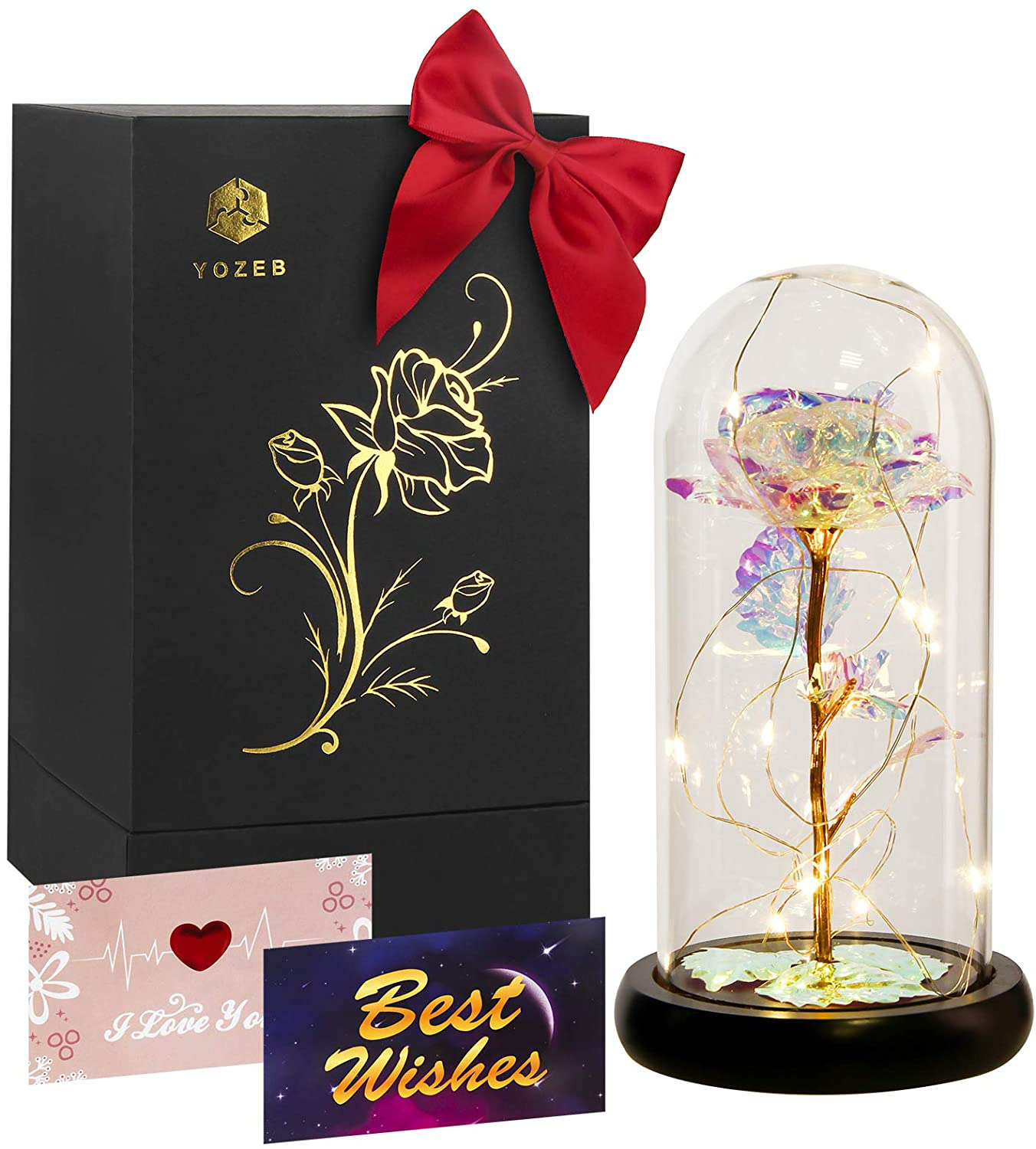 Beauty and the Beast Rose，Forever Rose, Enchanted Rose, Glass Dome Black Wood Ba