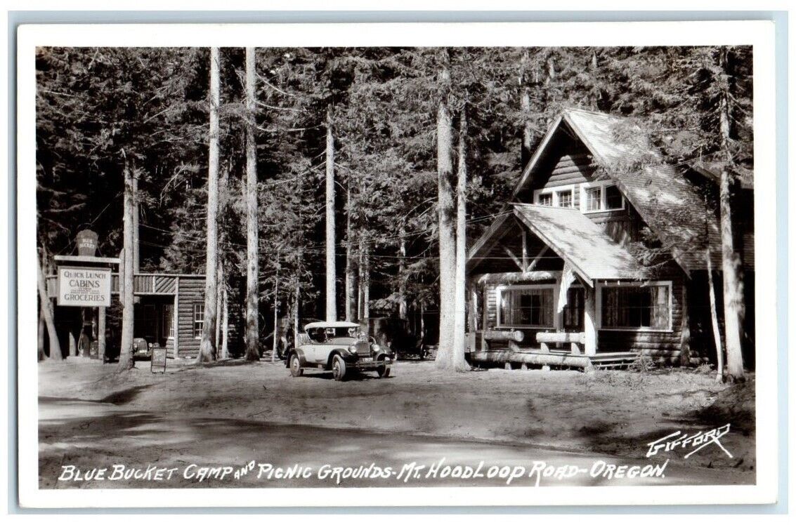 c1920s Blue Bucket Camp Picnic Grounds Mt. Hood Loop Road OR RPPC Photo Postcard