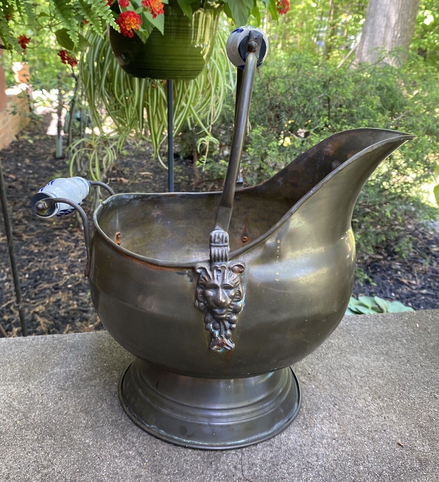 Vintage Solid Brass Coal Scuttle Bucket Lion Porcelain Handles Planter