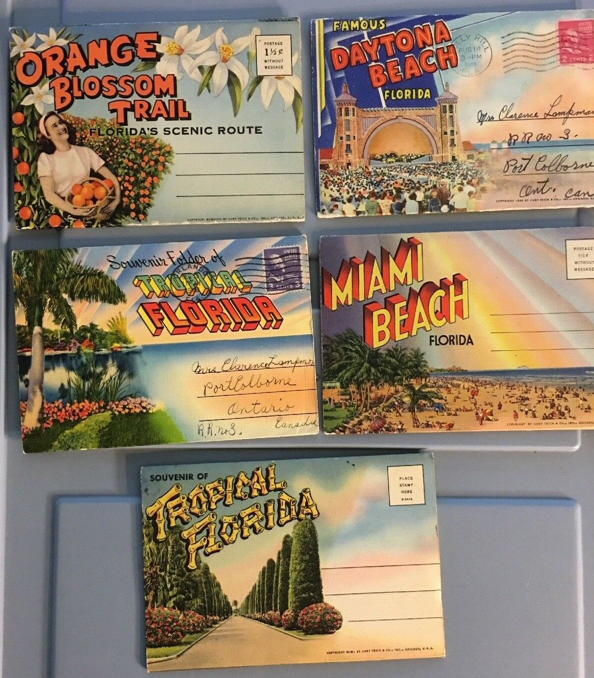 5 Vtge Florida Postcard booklet folder folio 1940s Orange Blossom Miami Daytona