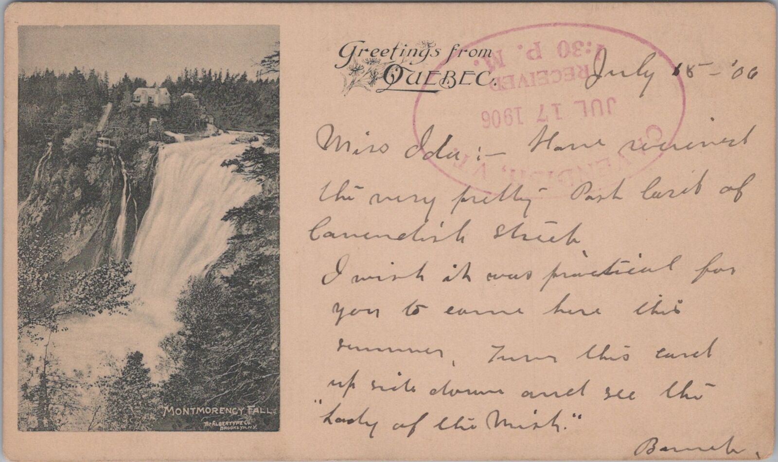 Montmorency Falls Greetings from Quebec 1906 Postcard