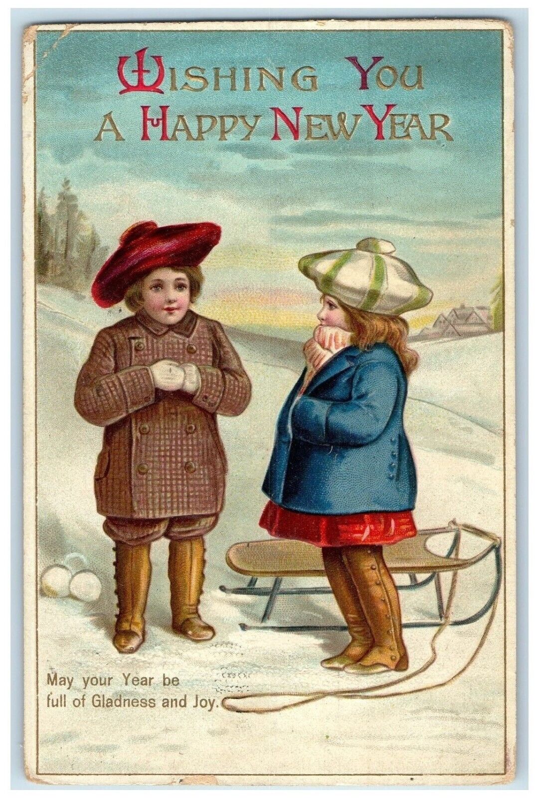 1912 New Year Children In Winter Snowballs Clapsaddle Grand Rapids MI Postcard