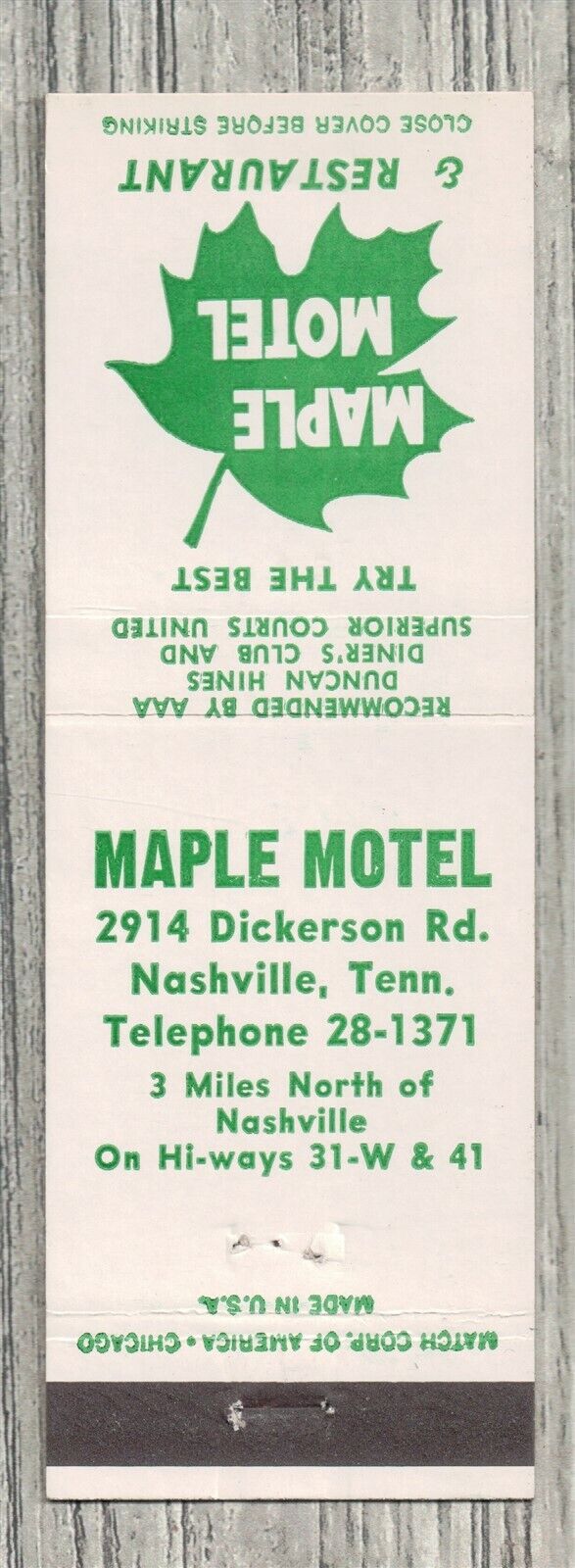 Matchbook Cover-Maple Motel Nashville Tennessee-8233