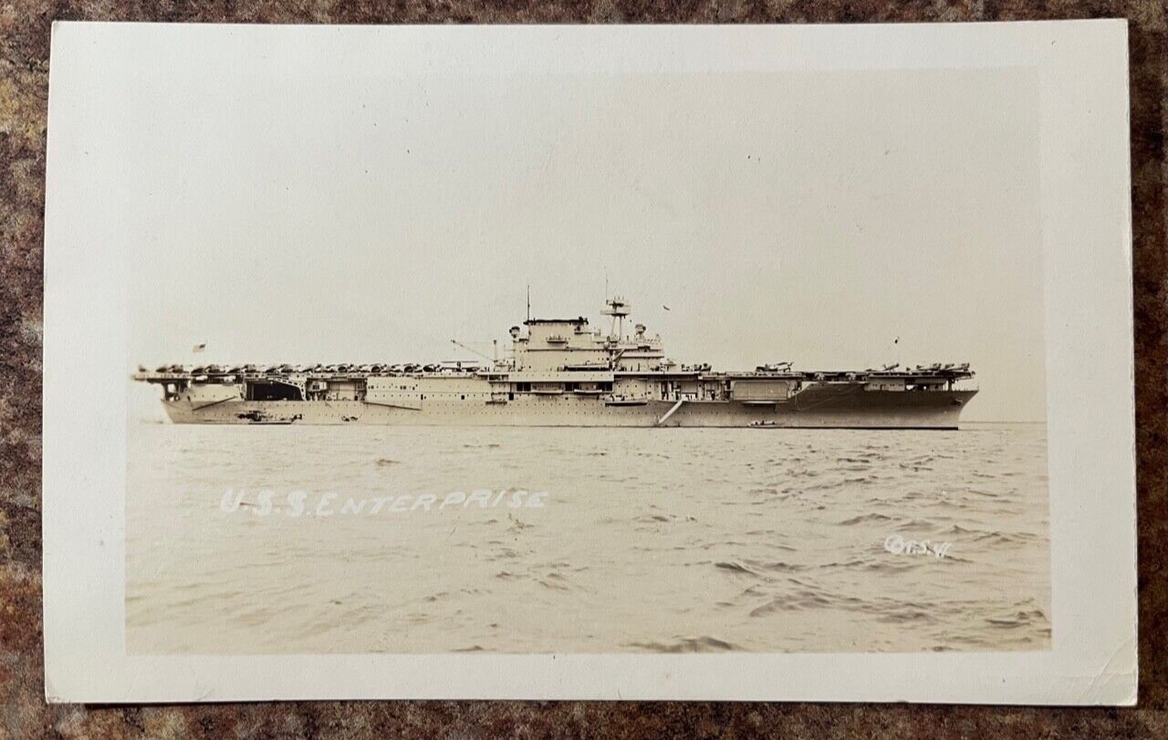 Aircraft Carrier WWII era USS Enterprise Real Photo Postcard RPPC