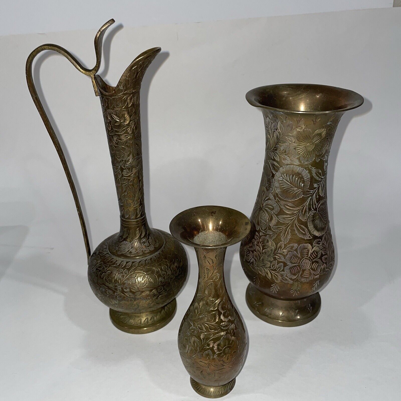 Lot of 3 Vintage Rare Brass Engraved Pitcher & 2 Vases, Etched, Made in India