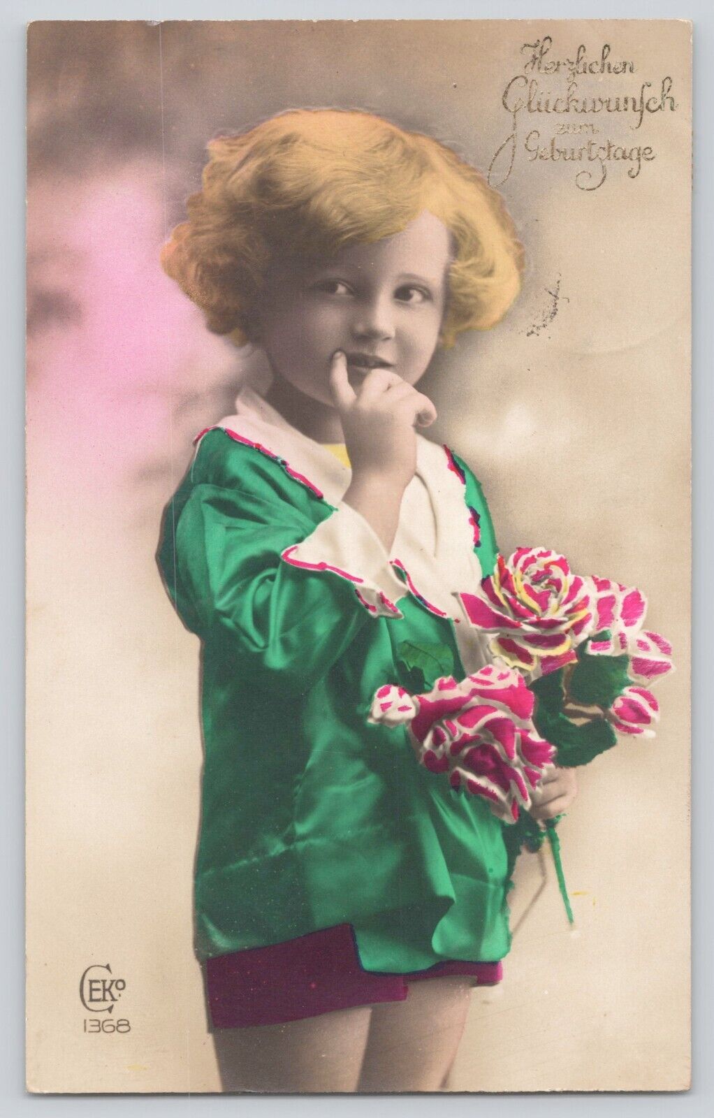 Postcard RPPC Birthday Girl Holding Flowers Hand Colored Embellished Cute c1933