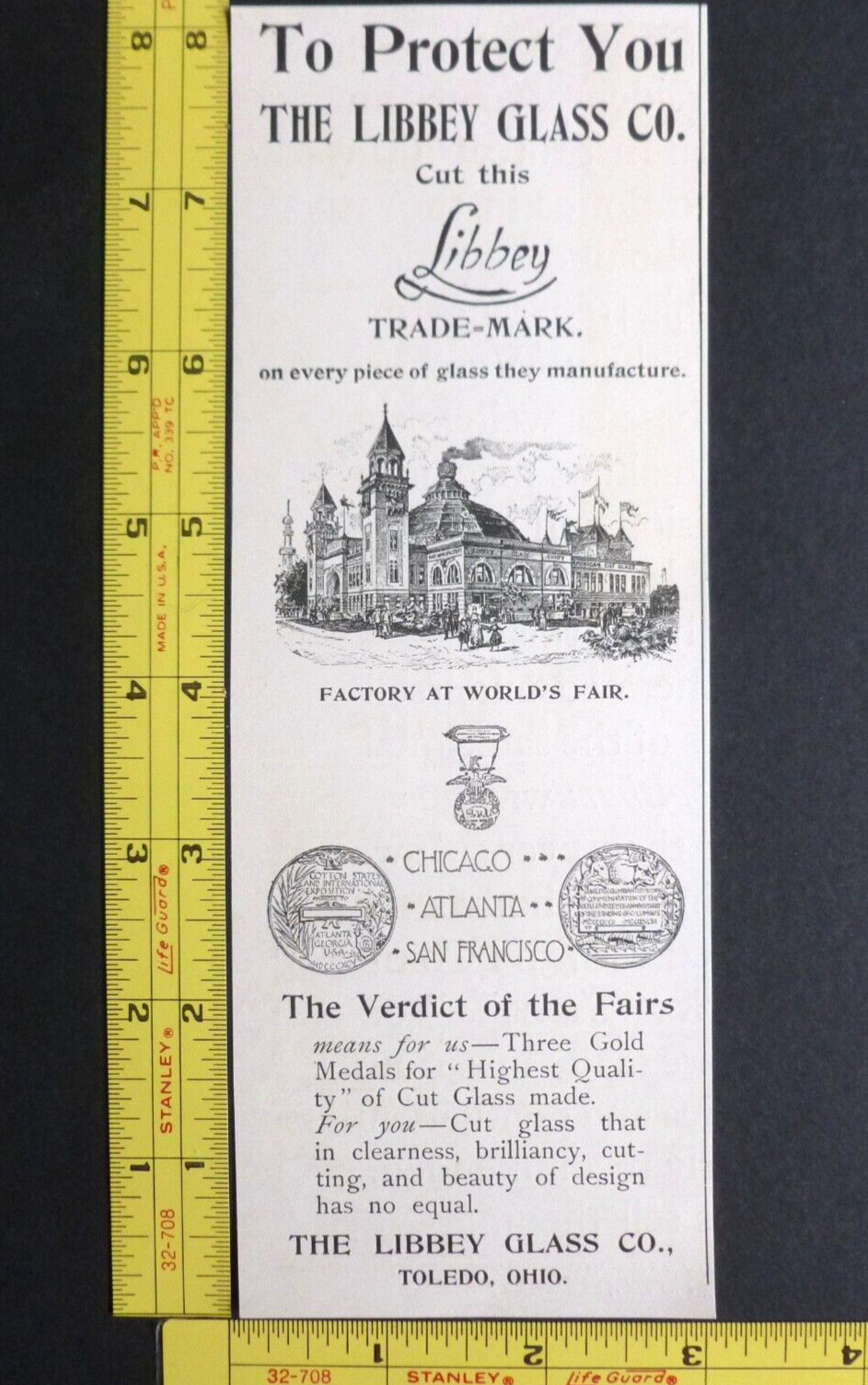 RARE Antique 1896 Ad – Libbey Glass 1893 World’s Fair Columbian Exposition Vtg
