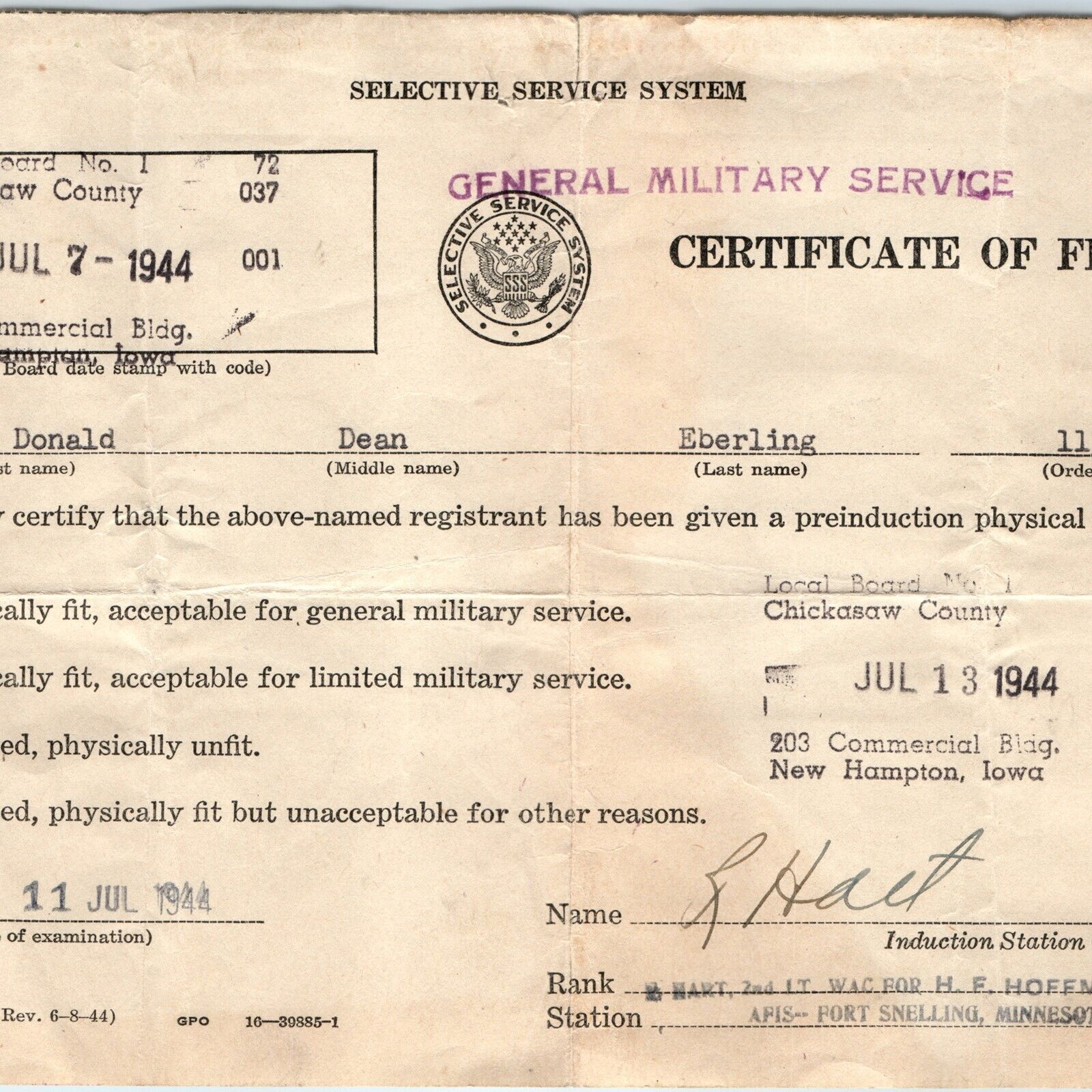 1944 WWII Selective Service Certificate Fitness Army Military Service Draft 5K