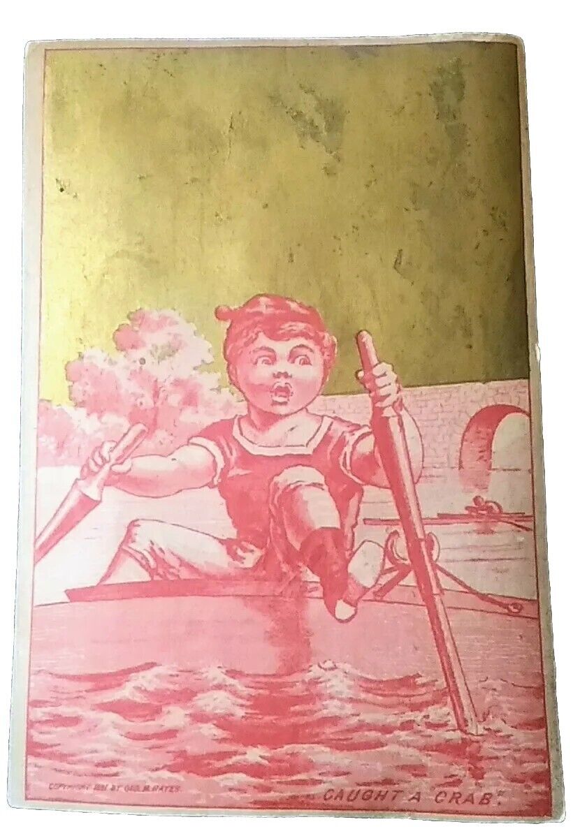 Antique Victorian Advertising Trade Card Boy Playing, Caught a Crab, Row Boat