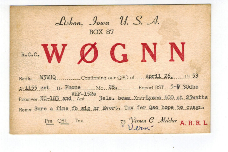 Ham Radio Vintage QSL Card     W0GNN   1953   Lisbon, Iowa