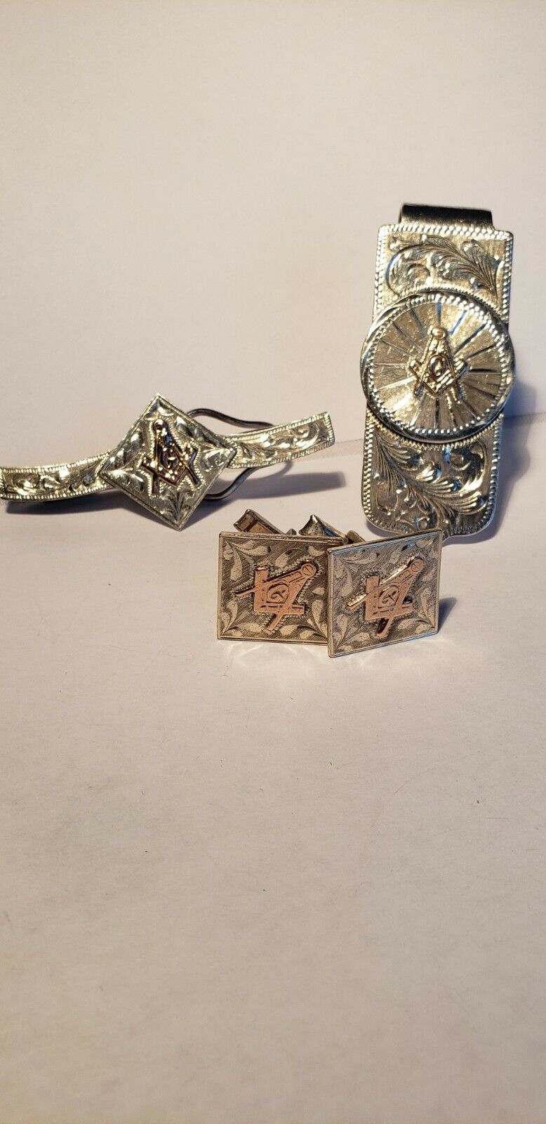 Masonic Vintage 925 Sterling Silver And 10K Rose Gold Money Clip Set