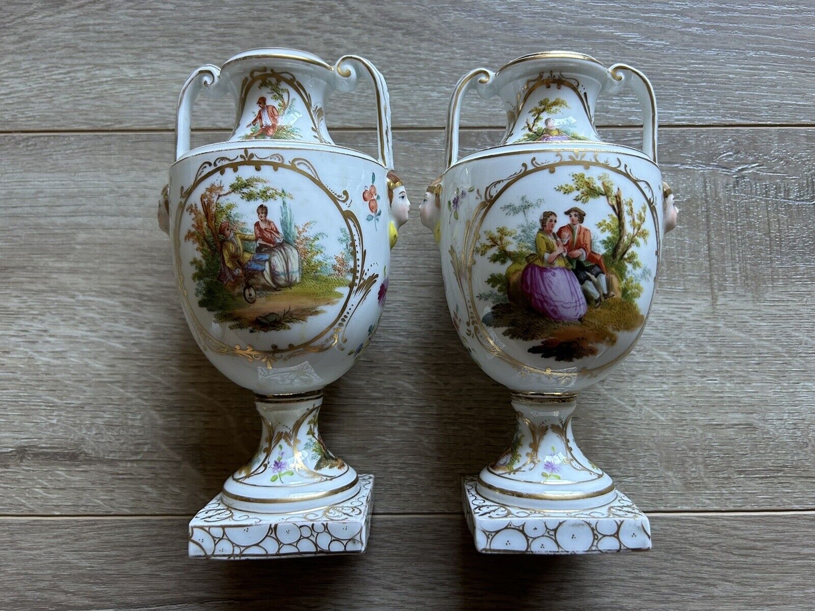 Antique Carl Thieme Germany Porcelain Hand Painted Handled Vase Set Of 2