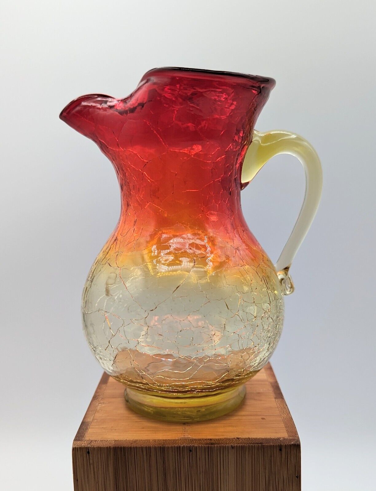 Vintage Amberina Crackle Glass 7” Art Glass Pitcher hand blown