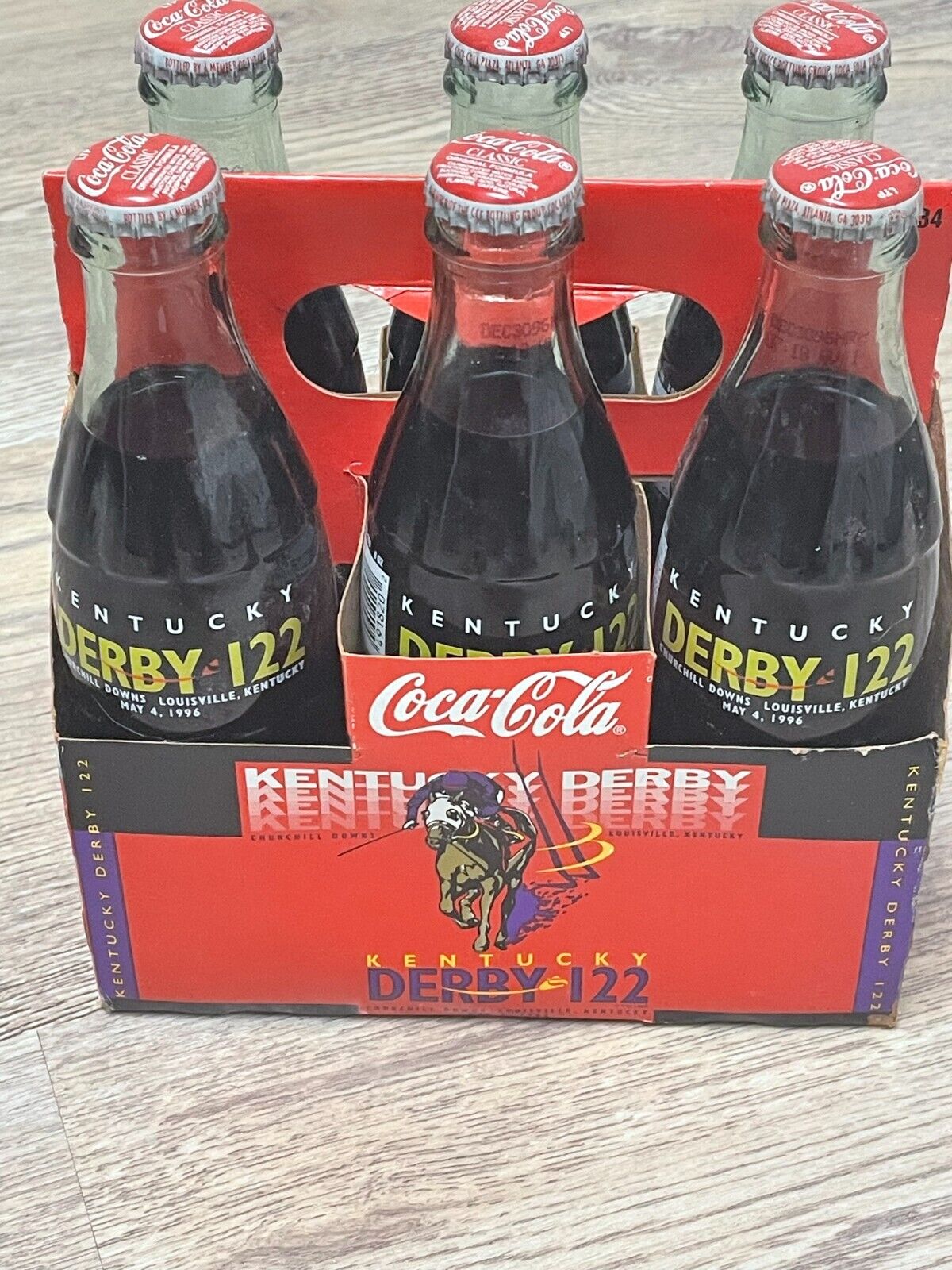 1996 Ltd Edition Kentucky Derby 122 Coca-Cola Glass Bottles 6 Pack GRINDSTONE