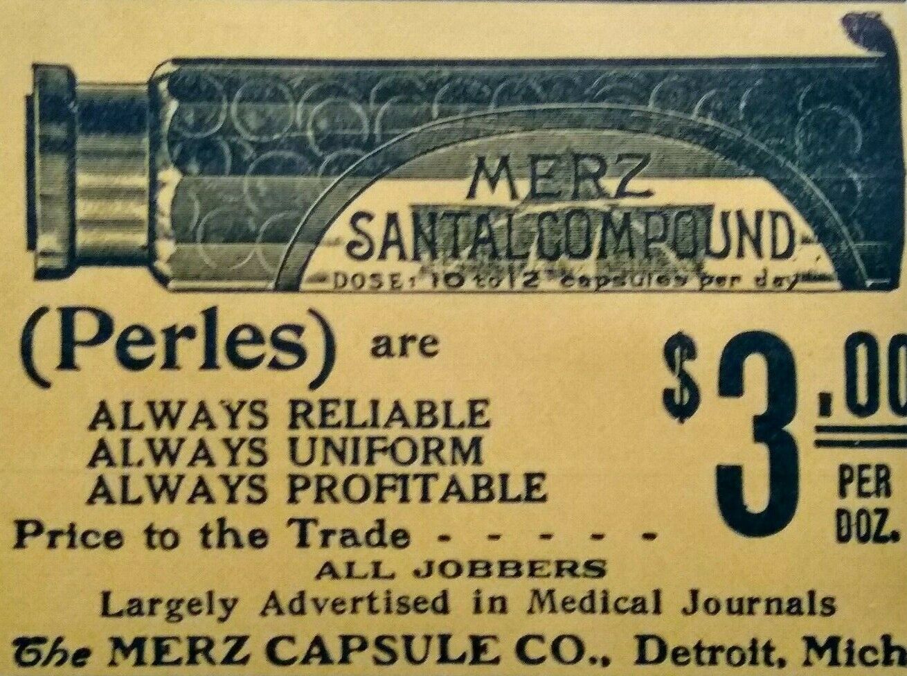 1914 Detroit Merz Santal Compound Pharmaceutical Vintage Print Advertising