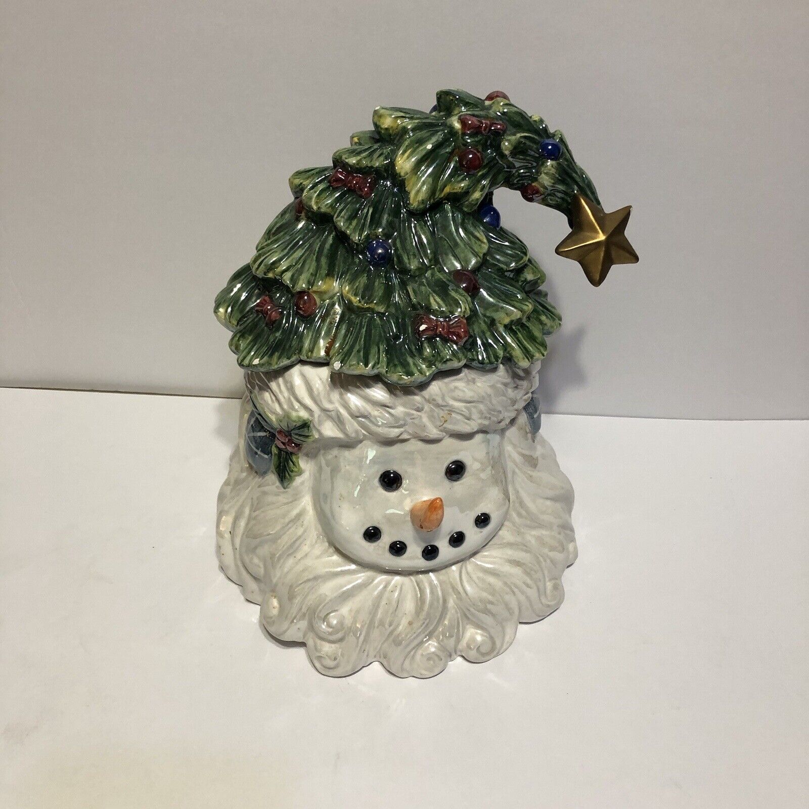 Vintage Iridescent Snowman Cookie Jar Tree Hat & Beard