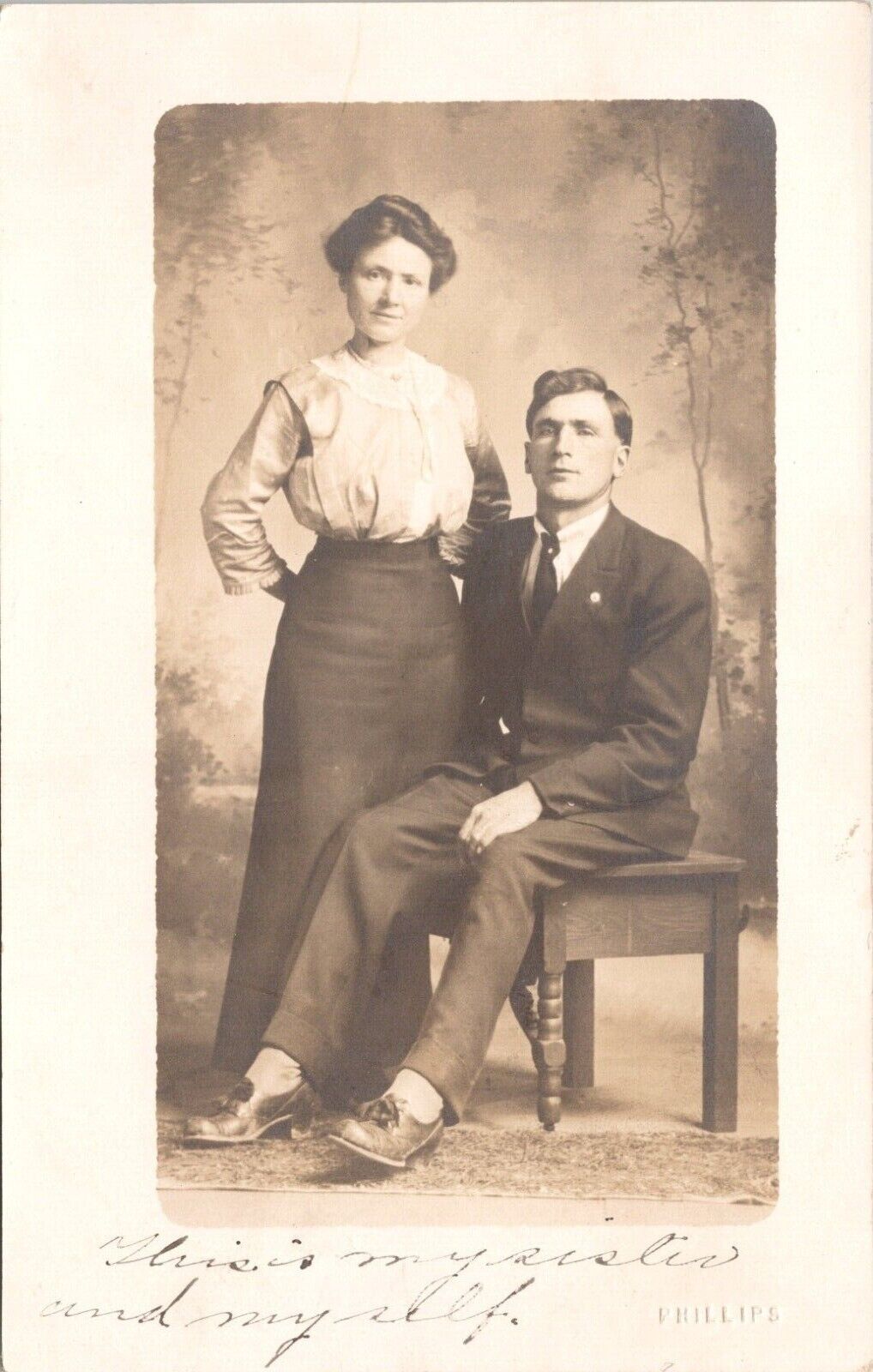 C.1910s RPPC Beautiful Woman & Dapper Man Brother Sister Studio Postcard A316