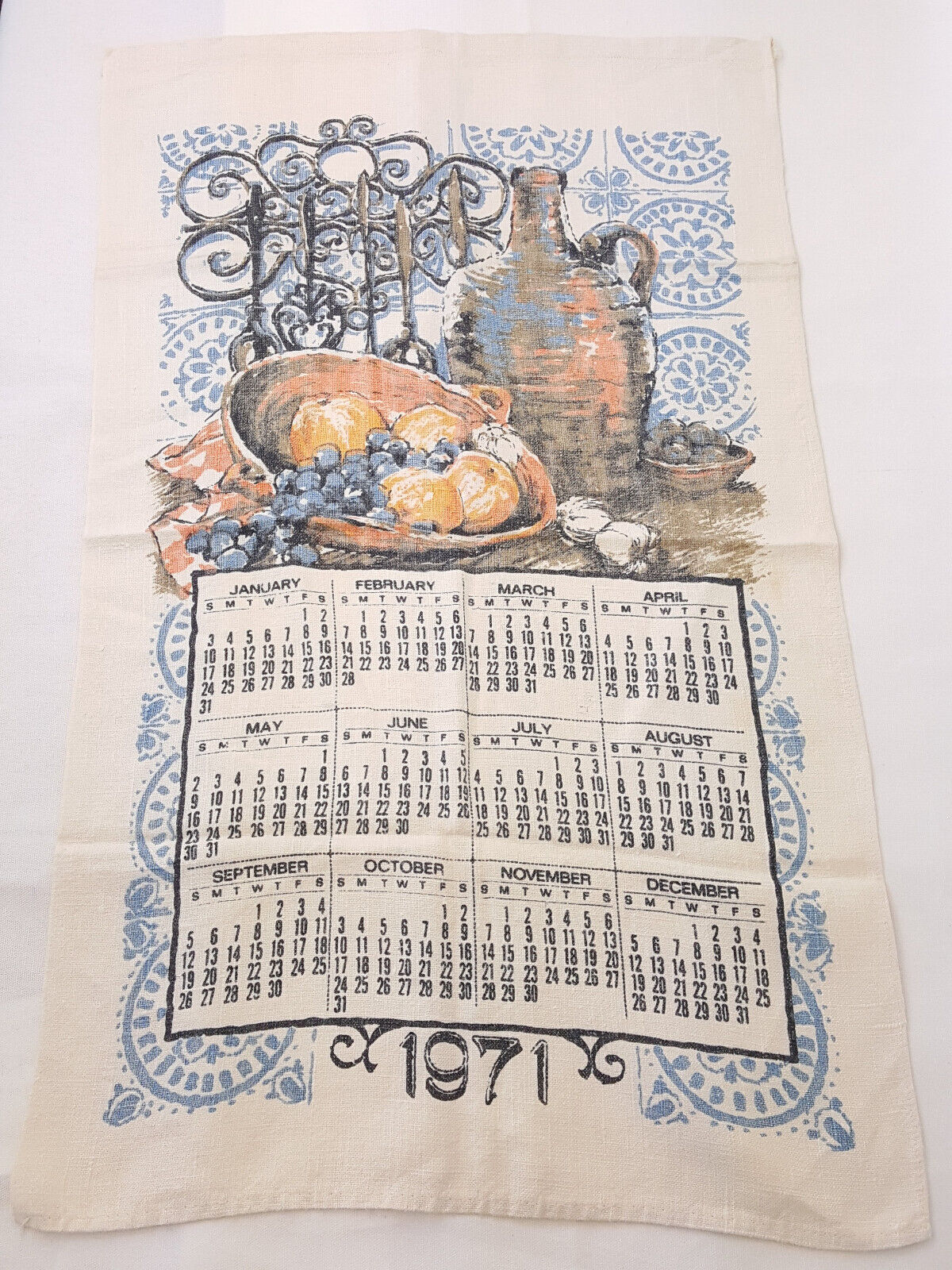Vintage Calendar Linen Kitchen Tea Towels 1971 Blue Orange Granny Chic