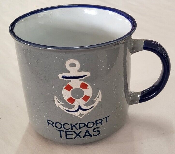 Grey Ceramic Mug Cup W Enamel Rockport Texas Travel Souvenir