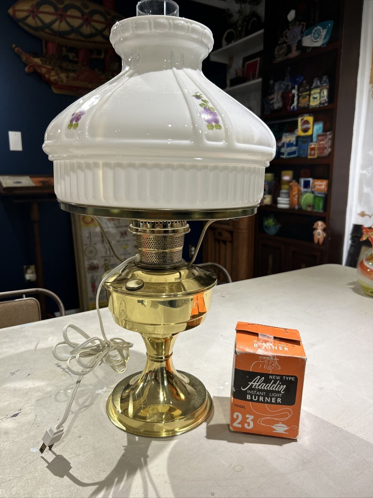 Aladdin Model 23 Brass Oil Lamp with White Glass Shade With Electric Option
