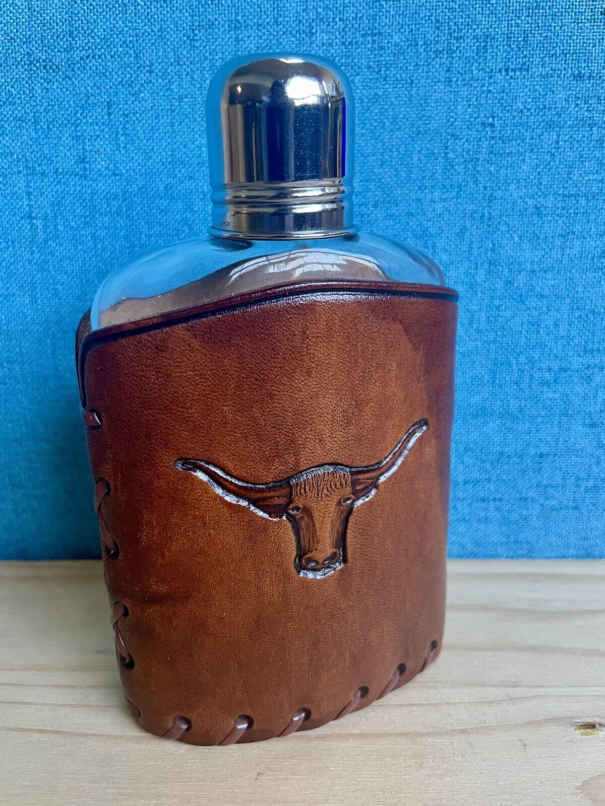 Vintage Texas Long Horn Steer Leather Wrapped Glass Flask