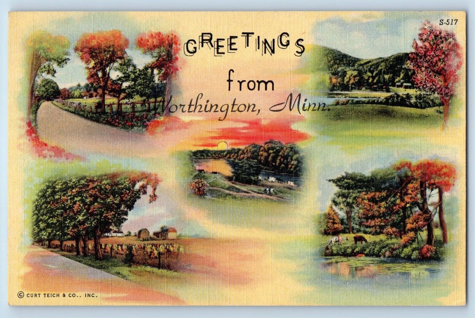 Worthington Minnesota Postcard Greetings Multiview Field c1940 Vintage Antique