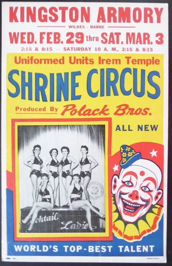 Original vintage Circus Poster Shrine Feb. 29-Mar. 3, Probably 1952 Wilkes-Barre