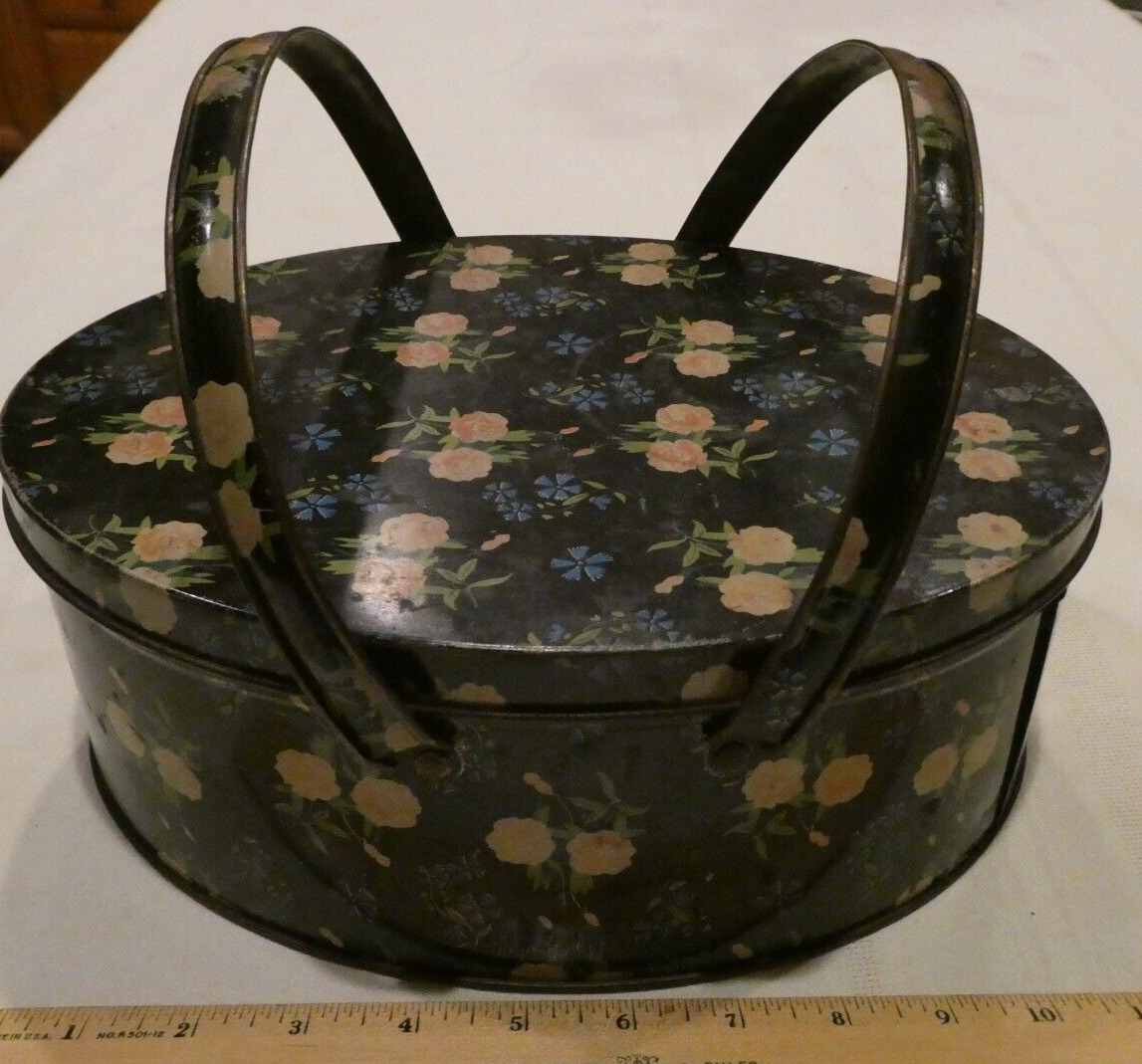 Vintage Old Antique Tin Metal Sewing Box With Handles Black Floral Pink Flowers